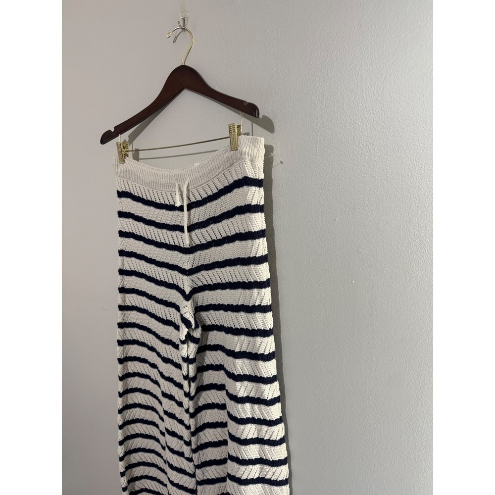 Aerie Women's Navy Blue Striped Knit Wide Leg Pants Drawstring Beach Resort Wear - Picture 4 of 11